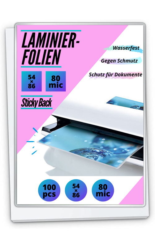 100 Laminierfolien 54 x 86 mm - selbstklebend glänzend - 2 x 80 mic (160 mic)