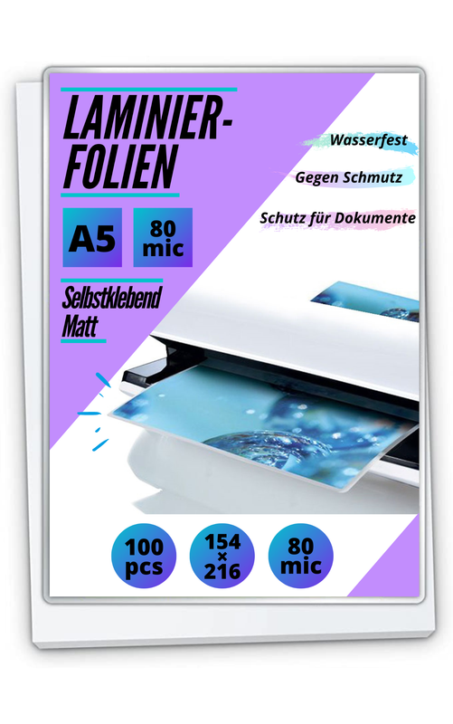 100 Laminierfolien DIN A5 - selbstklebend matt - 2 x 80 mic (160 mic)