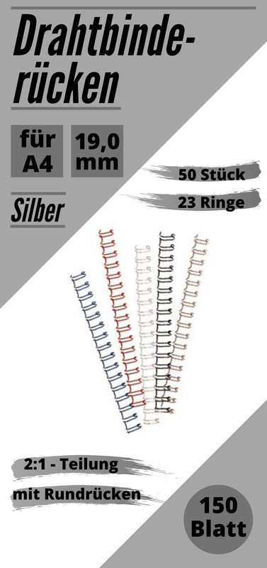 50 Drahtbinderücken 19 mm 3/4 inch, Silber, 2:1 Teilung (23 Ringe)
