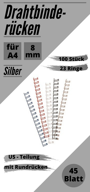 100 Drahtbinderücken silber, 8mm, US-Teilung, 21 Ringe, für 45 Blatt (80g/m²)