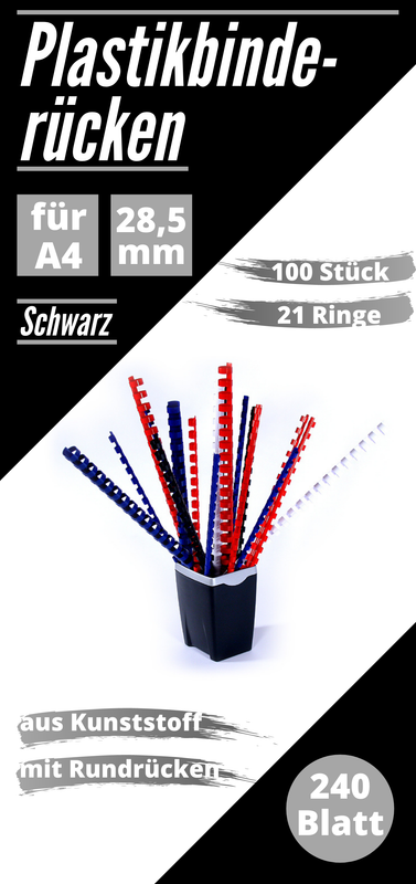 50 Plastikbinderücken schwarz 28,5 mm A4, US-Teilung (21 Ringe), rund