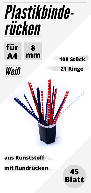 100 Plastikbinderücken weiß 8 mm A4, US-Teilung (21 Ringe), rund