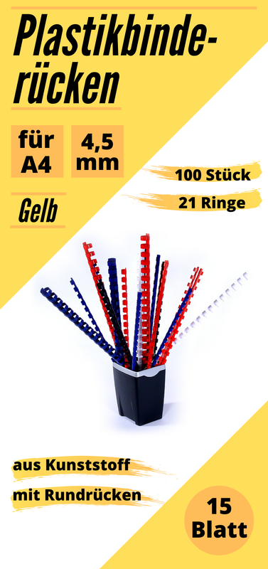 100 Plastikbinderücken 4,5mm gelb, US-Teilung, 21 Ringe - ca. 15 Blatt (80g/m²)