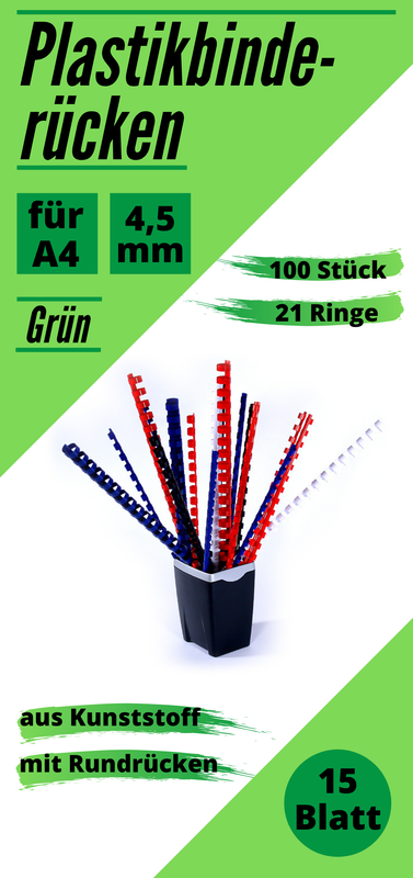100 Plastikbinderücken 4,5mm grün, US-Teilung, 21 Ringe - ca. 15 Blatt (80g/m²)