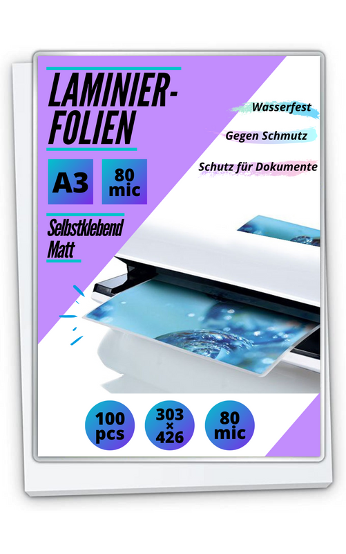 100 Laminierfolien DIN A3 - selbstklebend matt - 2 x 80 mic (160 mic)
