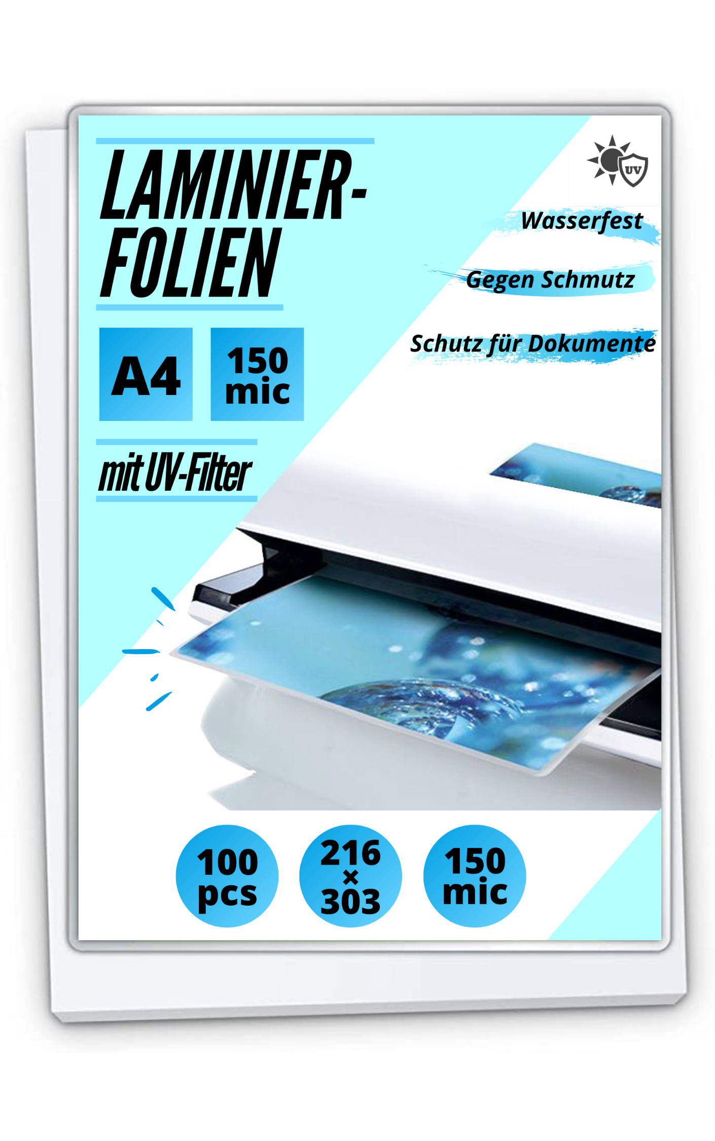 100 Laminierfolien DIN A4 - glänzend, mit UV-Filter - 2 x 150 mic (300 mic)