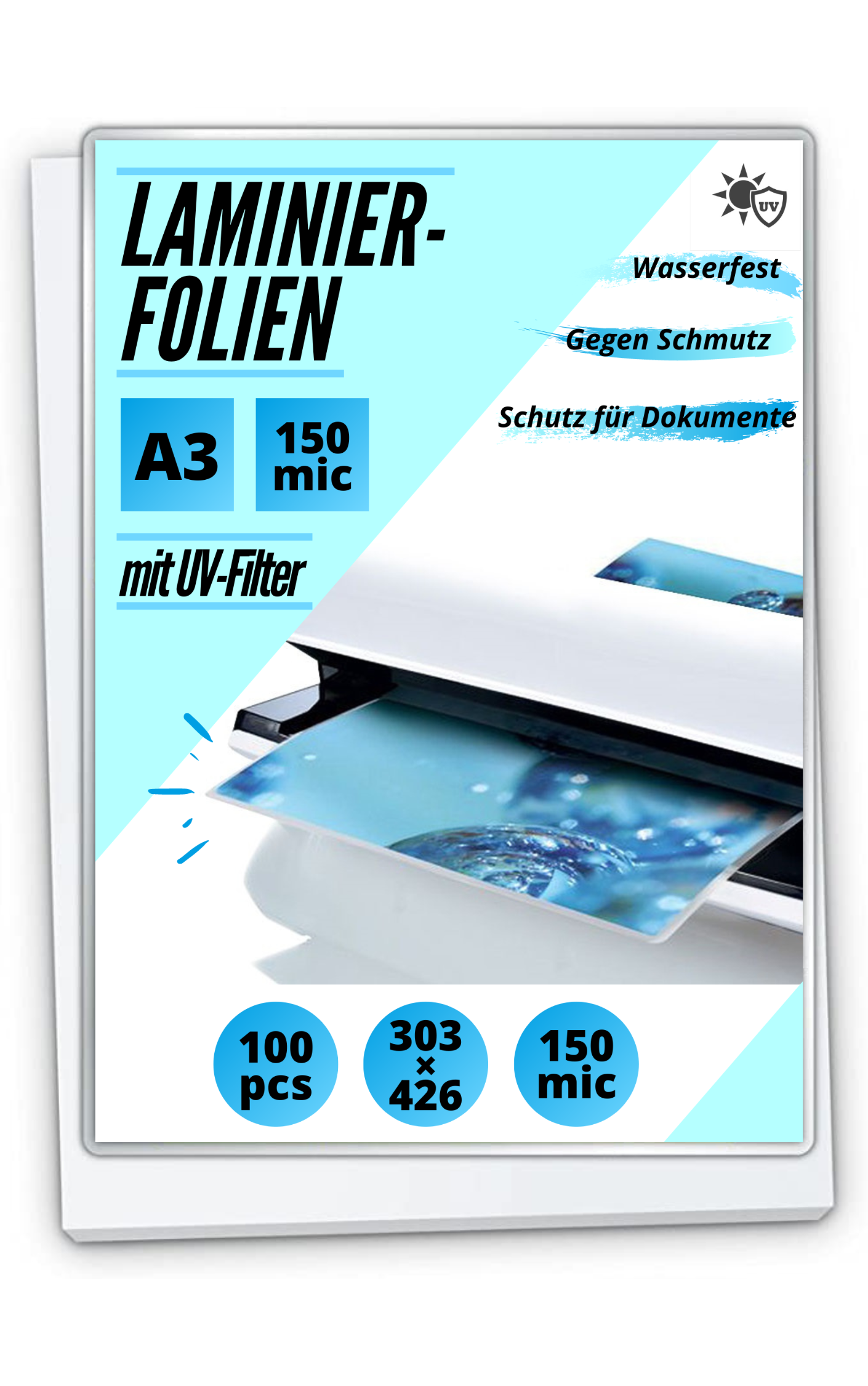 100 Laminierfolien DIN A3 - glänzend, mit UV-Filter - 2 x 150 mic (300 mic)