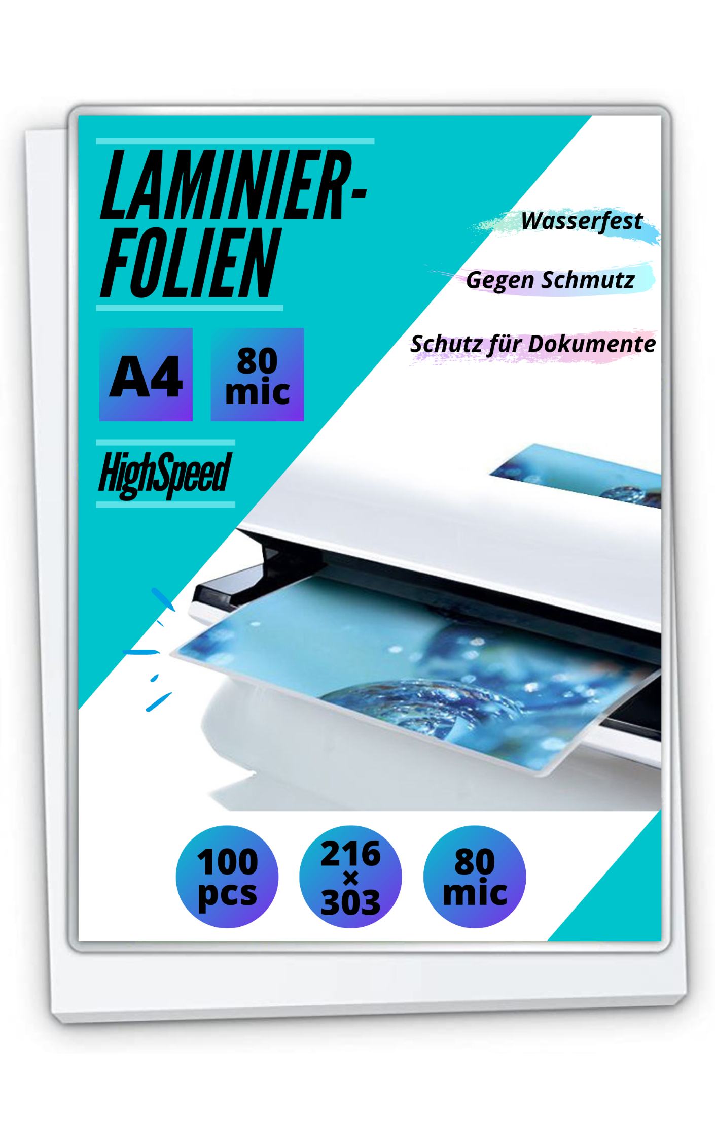 100 Laminierfolien DIN A4 - glänzend, Highspeed - 2 x 80 mic (160 mic)