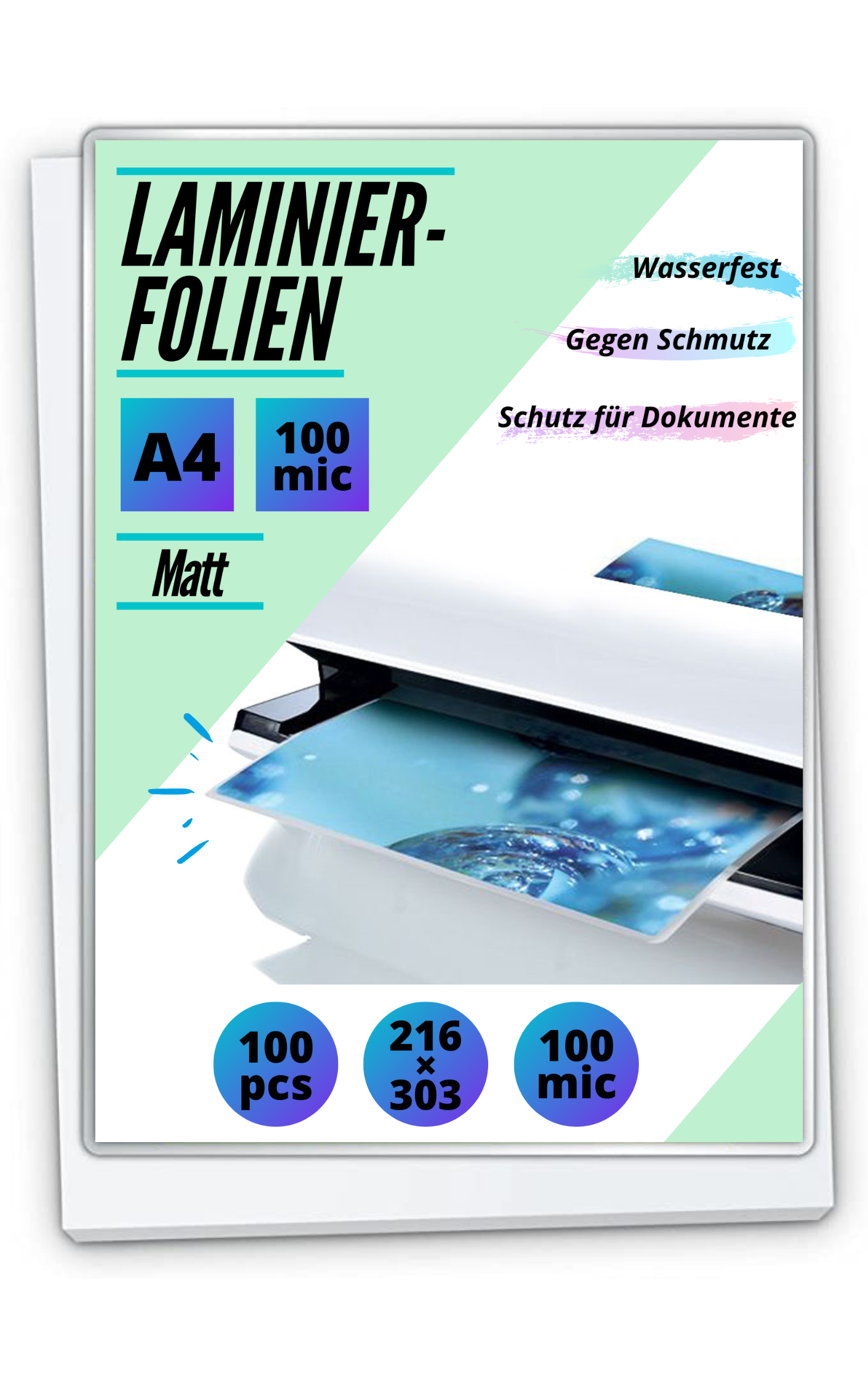 100 Laminierfolien DIN A4 - matt - 2 x 100 mic (200 mic)