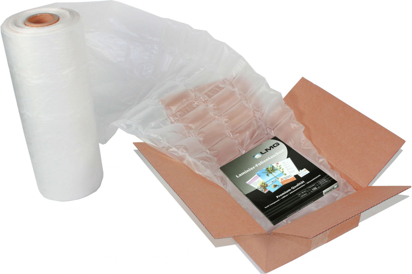 LMG Luftkissenfolie, Luftpolsterfolie 400x310mm, 370x250 mm (aufgeblasen), eckige Kissen 300m lang