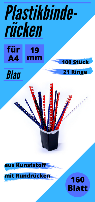 Plastikbinderücken blau 19 mm A4, US-Teilung (21 Ringe), oval