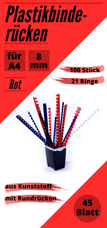 100 Plastikbinderücken rot 8 mm A4, US-Teilung (21 Ringe), rund