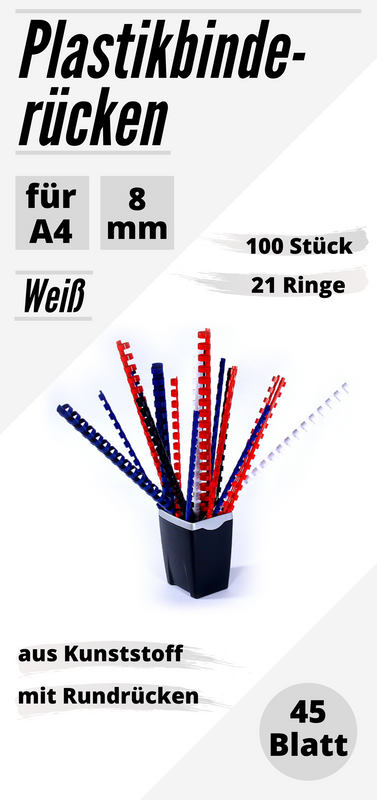 100 Plastikbinderücken weiß 8 mm A4, US-Teilung (21 Ringe), rund