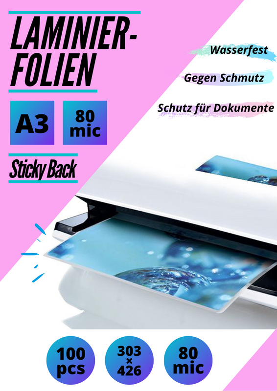 100 Taschenlamierfolien Sticky Back A3 2 x 80 micron (303 x 426 mm)