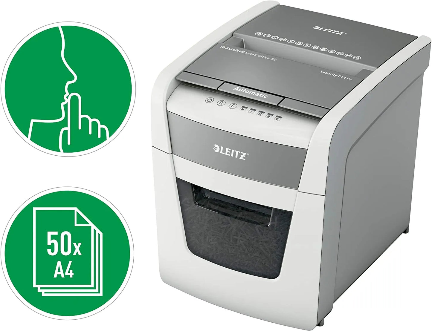 Leitz 8035-00-00 IQ Autofeed P-4 Aktenvernichter, Partikelschnitt, P4, 50 Blatt, 20 Liter, weiß