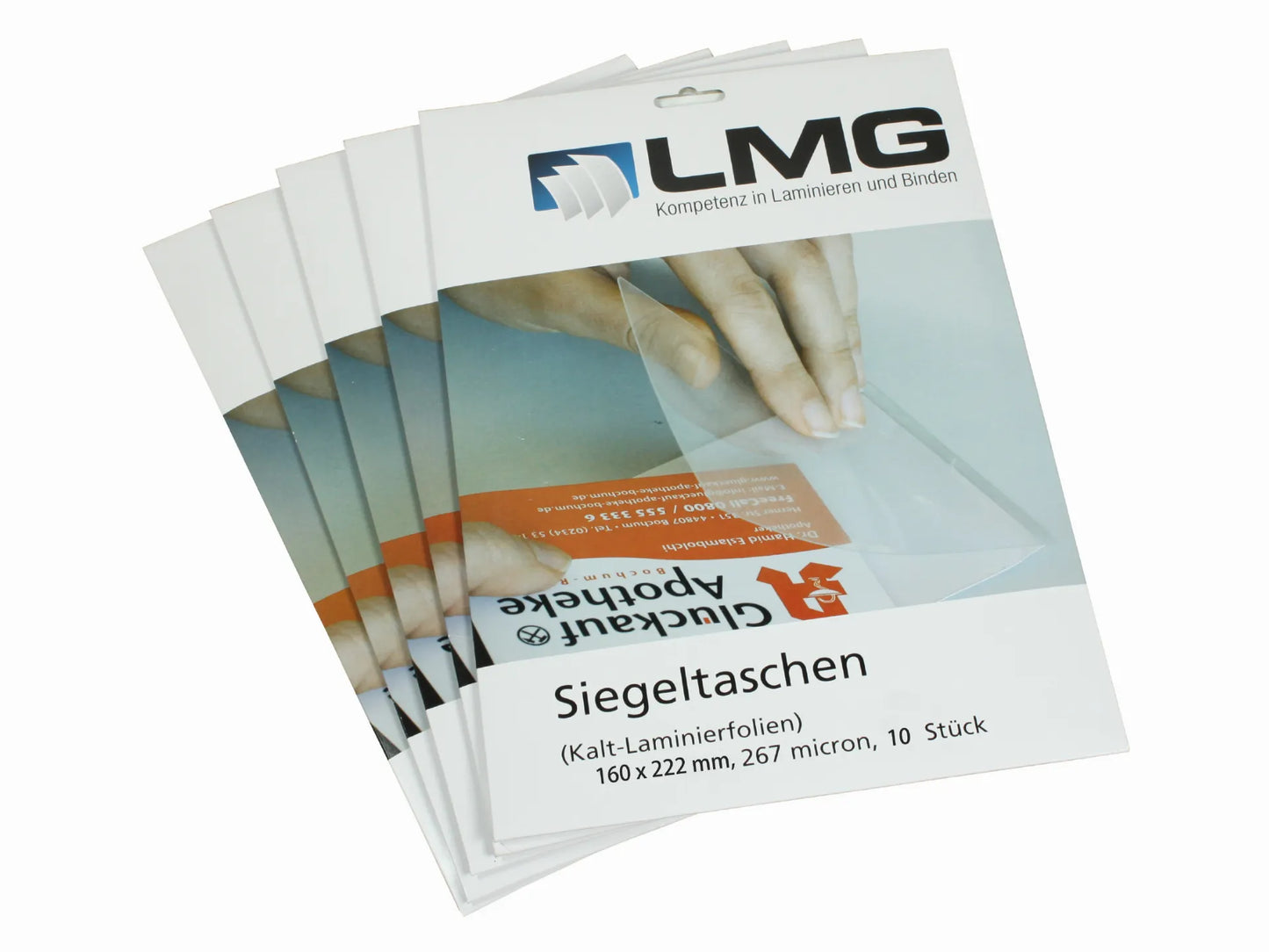 10 LMG Kalt-Laminierfolien 160 x 222 mm, 2 x 300 mic, glänzend, zum Laminieren ohne Gerät
