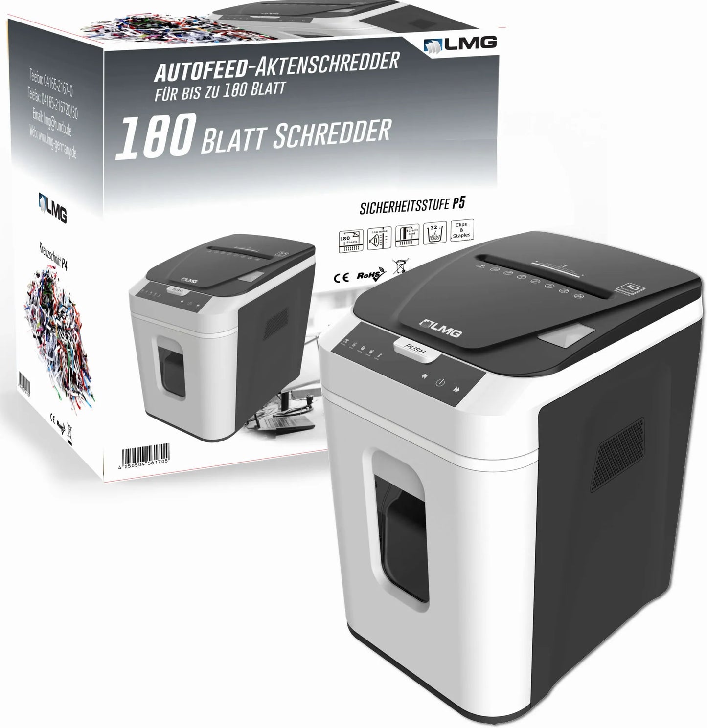 LMG Autofeed Aktenvernichter, Manuell 10 und Auto 180 Blatt, P5, Kreuzschnitt