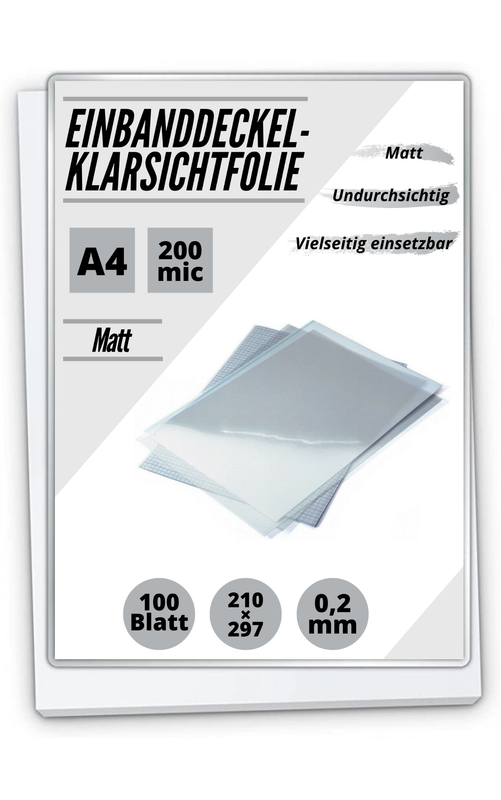 Klarsichtfolien A4 matt, 0,2 mm, 200 micron, PVC, 100 Stück