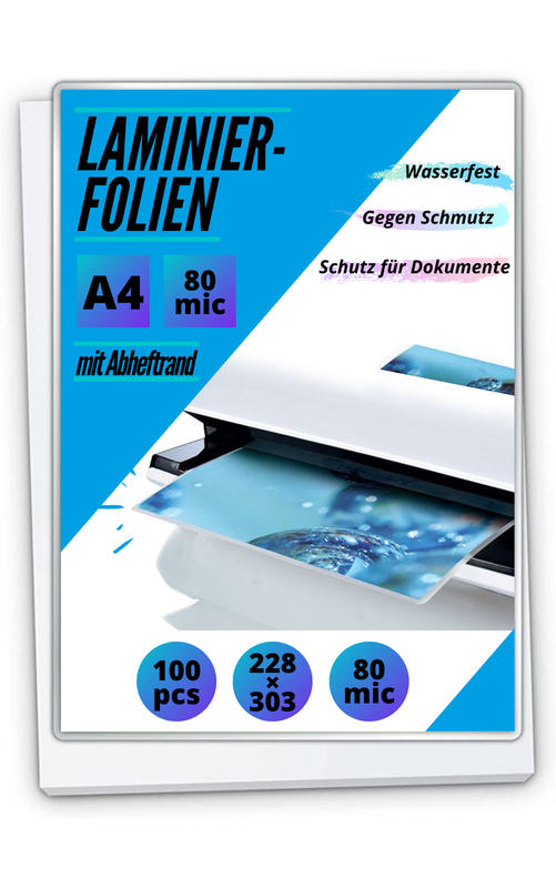 100 Laminierfolien DIN A4 - mit Abheftrand glänzend - 2 x 80 mic (160 mic)