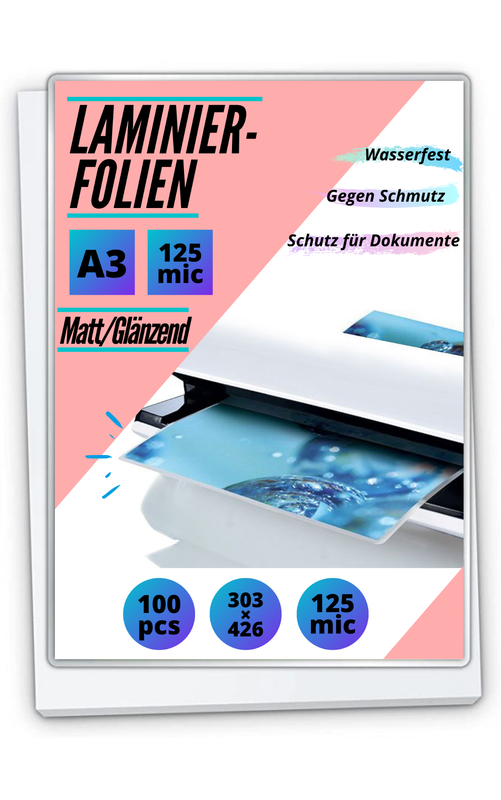 100 Laminierfolien DIN A3 - matt / glänzend - 2 x 125 mic (250 mic)
