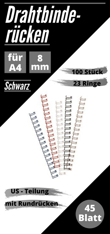 100 Drahtbinderücken schwarz, 8mm, US-Teilung, 21 Ringe, für 45 Blatt (80g/m²)