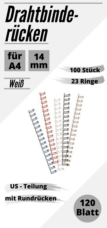 100 Drahtbinderücken weiß, 14mm, US-Teilung, 21 Ringe, für 120 Blatt (80g/m²)