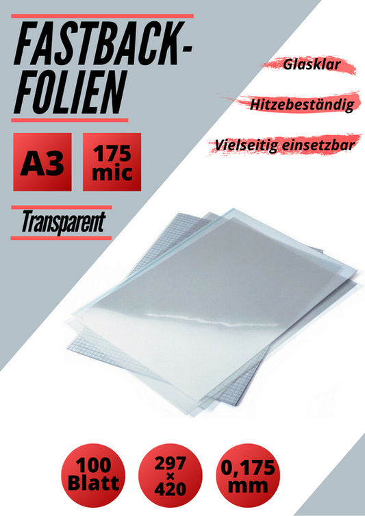 100 Folien für Fastback-Bindungen, DIN A3, 175 Micron, glasklar, hitzebeständig
