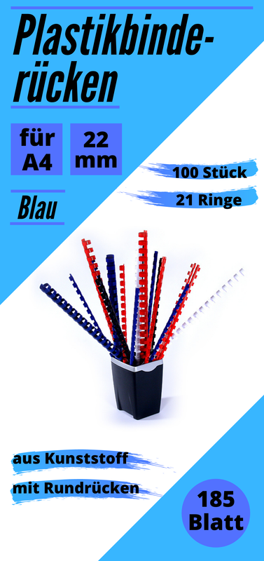 Plastikbinderücken blau 22 mm A4, US-Teilung (21 Ringe), oval