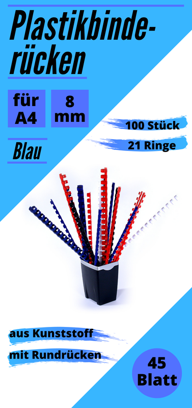 Plastikbinderücken blau 8 mm A4, US-Teilung (21 Ringe), oval