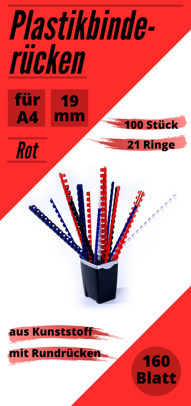 100 Plastikbinderücken rot 19 mm A4, US-Teilung (21 Ringe), rund