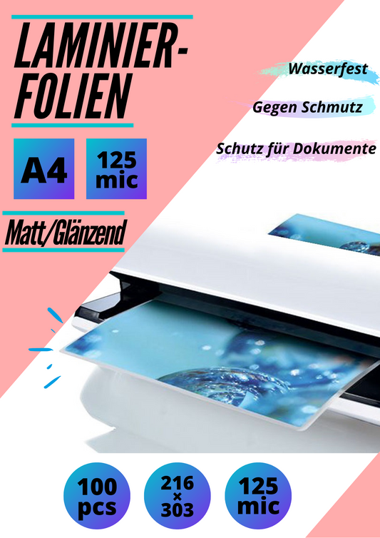 100 Laminierfolien DIN A4 - matt / glänzend - 2 x 125 mic (250 mic)
