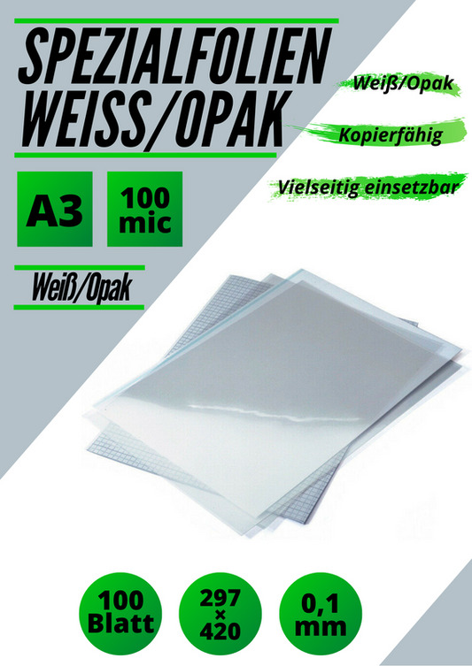 100 Kopierfolien Spezialfolien DIN A3, 100 Mic, opak weiss