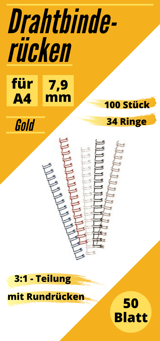 100 Drahtbinderücken 7,9 mm, gold, 3:1-Teilung, für ca. 50 Blätter (80g/m²)