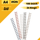 100 Drahtbinderücken 9,5 mm, gold, 3:1-Teilung, für ca. 65 Blätter (80g/m²)