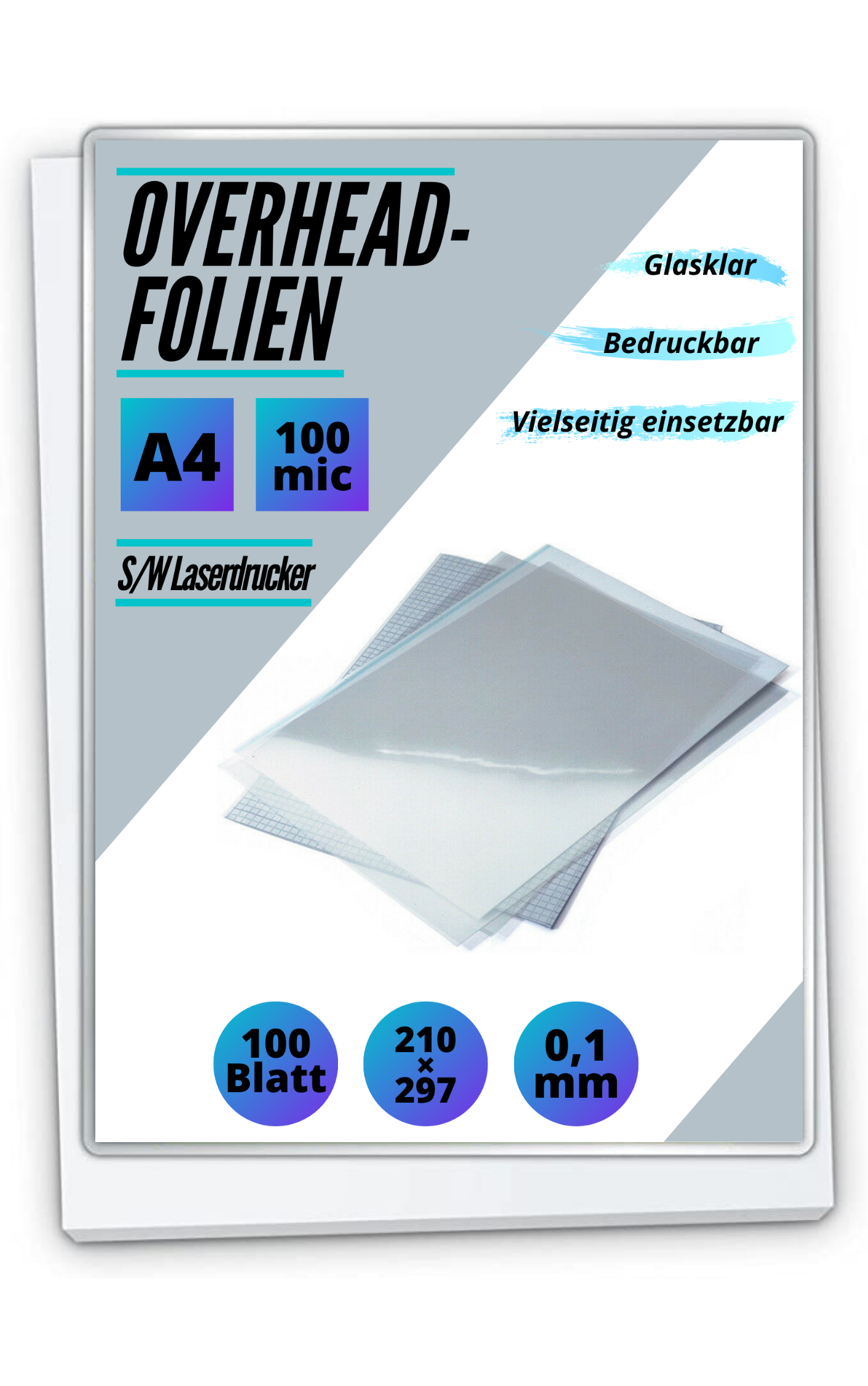 100 Overheadfolien s/w Kopierer und Drucker DIN A4, 100mic, kurze Seite verleimt, hinterl. Papier