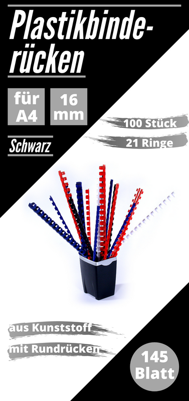 100 Plastikbinderücken schwarz 16 mm A4, US-Teilung (21 Ringe), rund