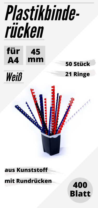 50 Plastikbinderücken weiß 45 mm A4, US-Teilung (21 Ringe), oval