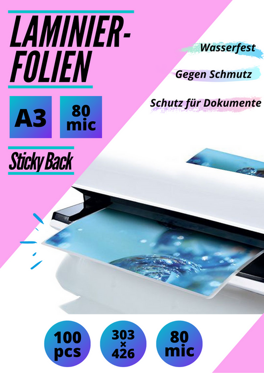 100 Taschenlamierfolien Sticky Back A3 2 x 80 micron (303 x 426 mm)